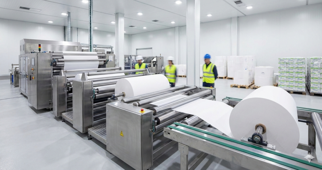 Modern tissue paper manufacturing facility with automated production line