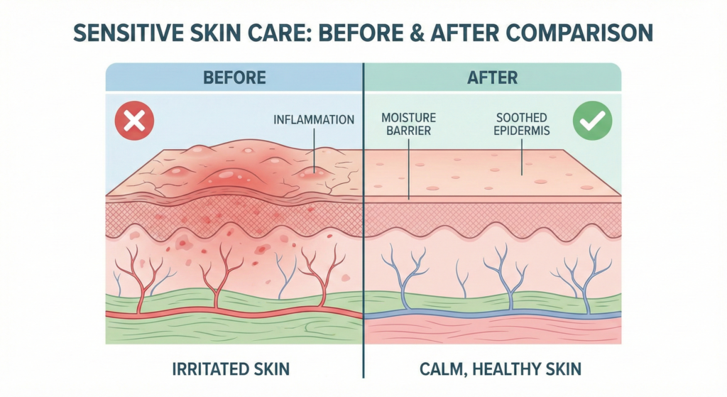 Before and after comparison of irritated sensitive skin versus healthy skin with proper toilet paper