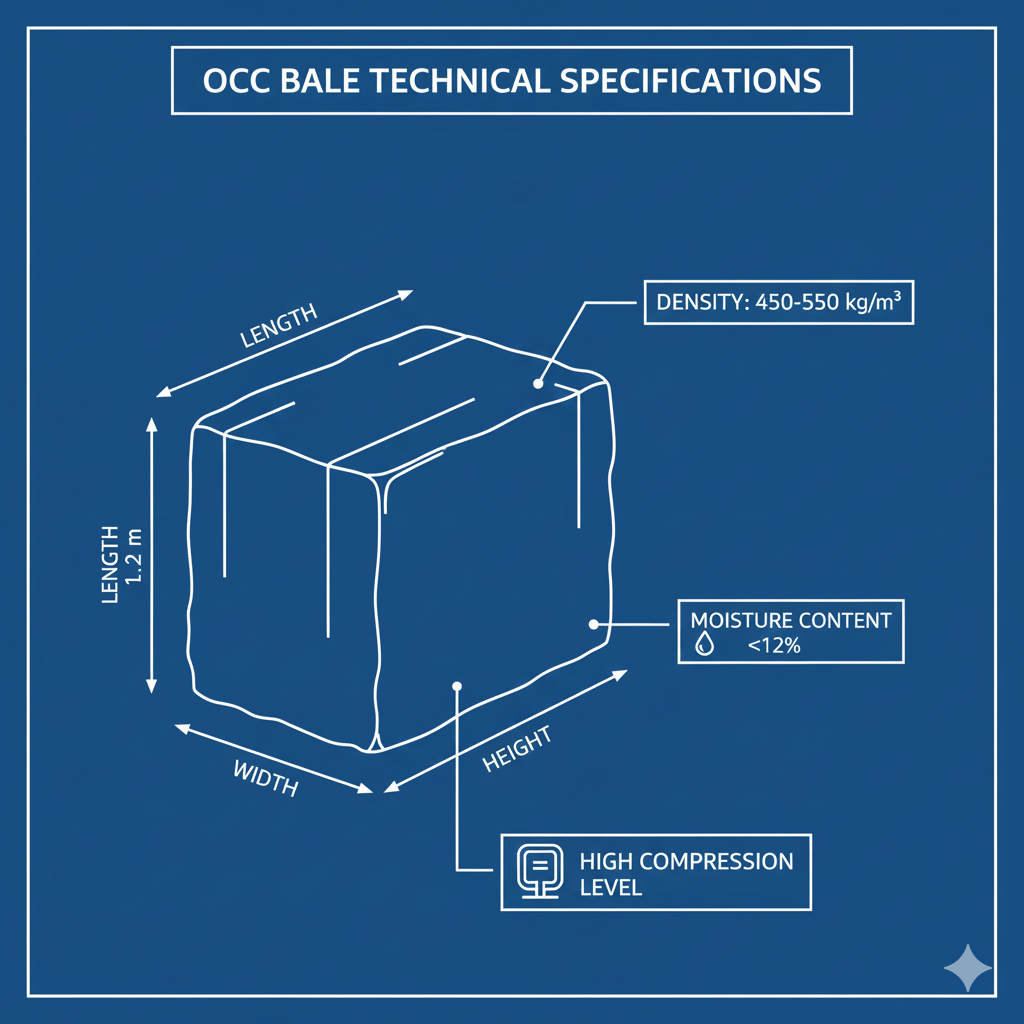 Technical diagram showing OCC bale dimensions, weight, and density specifications