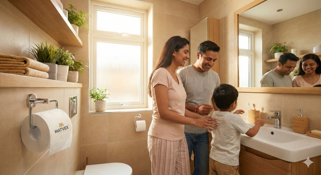 MATVEX toilet paper in modern Indian bathroom - premium tissue products for homes and families
