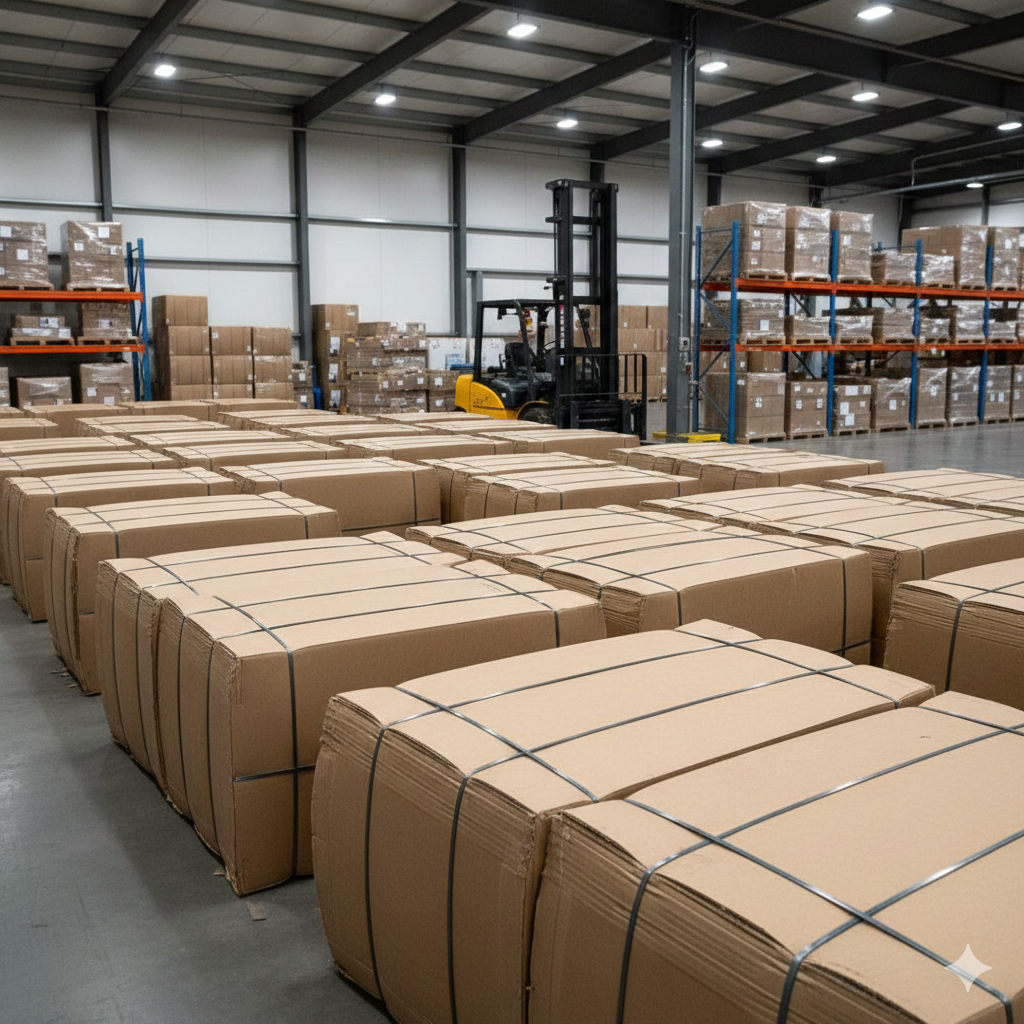 High-quality OCC bales stacked in warehouse ready for paper mill shipment