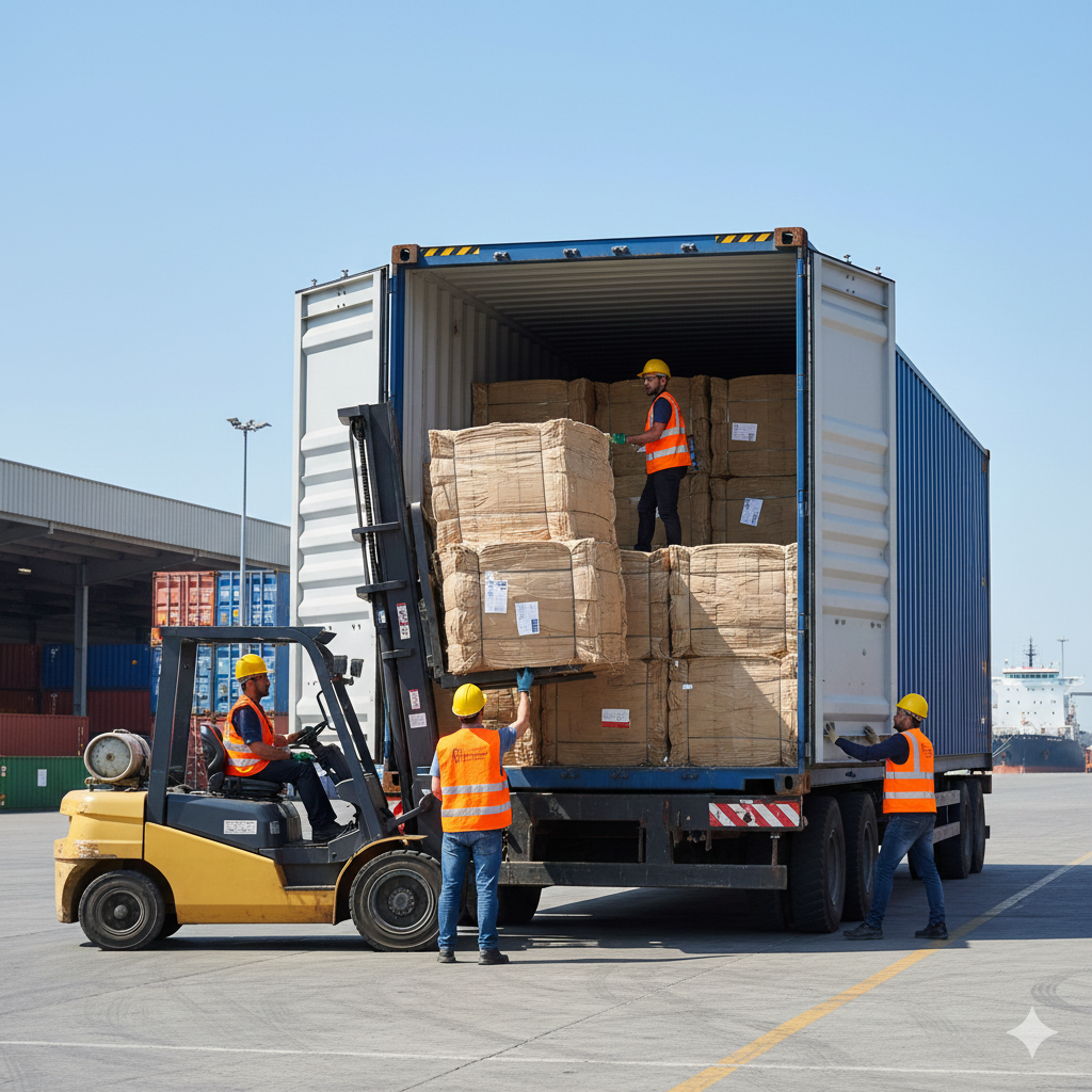 OCC bales being loaded into shipping container for international export