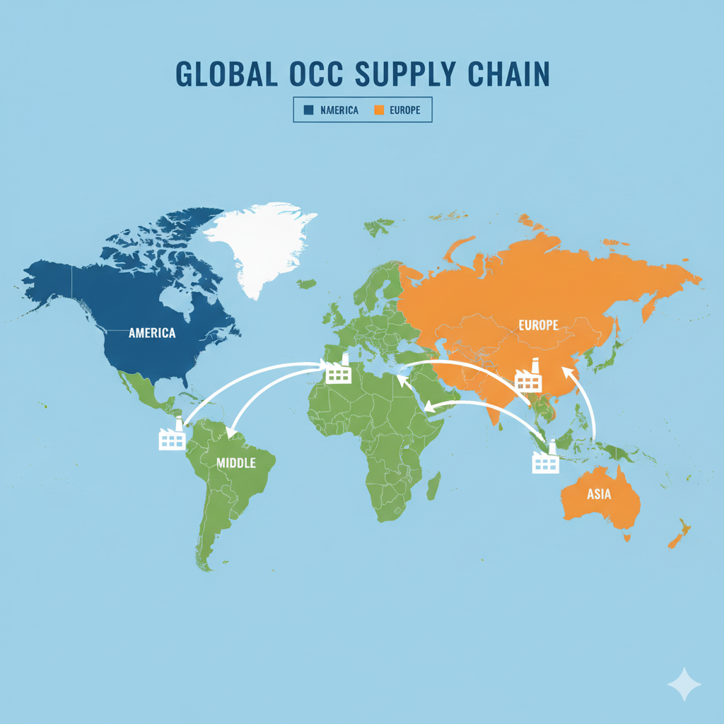 World map showing major OCC supply regions and export routes to paper mills