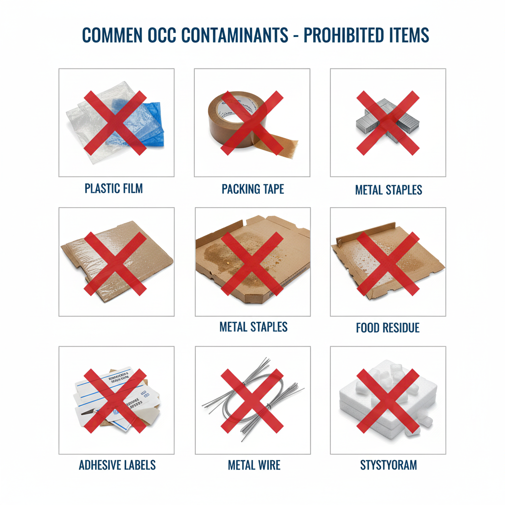 Common contaminants found in low-quality OCC including plastic, tape, and metals