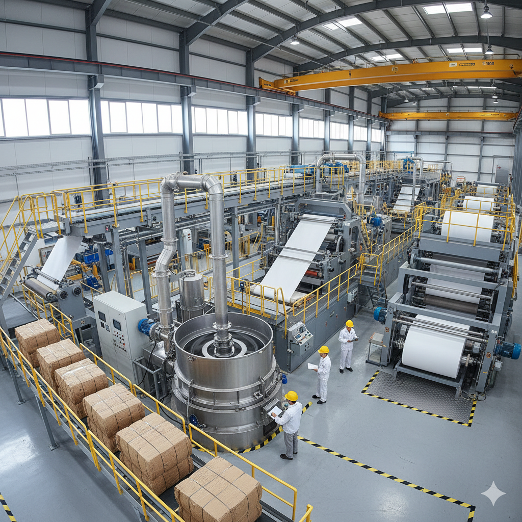 Modern paper mill production line processing OCC into recycled paper products